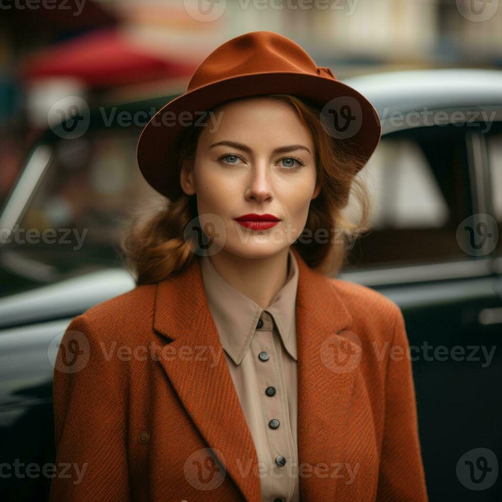 a woman in a hat and coat standing in front of a car generative ai photo