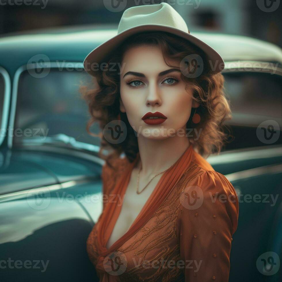 a woman in a hat and red lipstick posing next to an old car generative ai photo