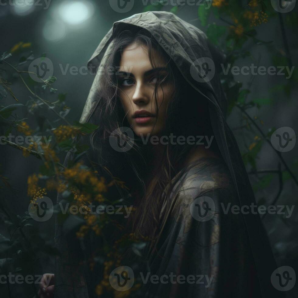 a woman in a hooded cloak in the woods generative ai photo