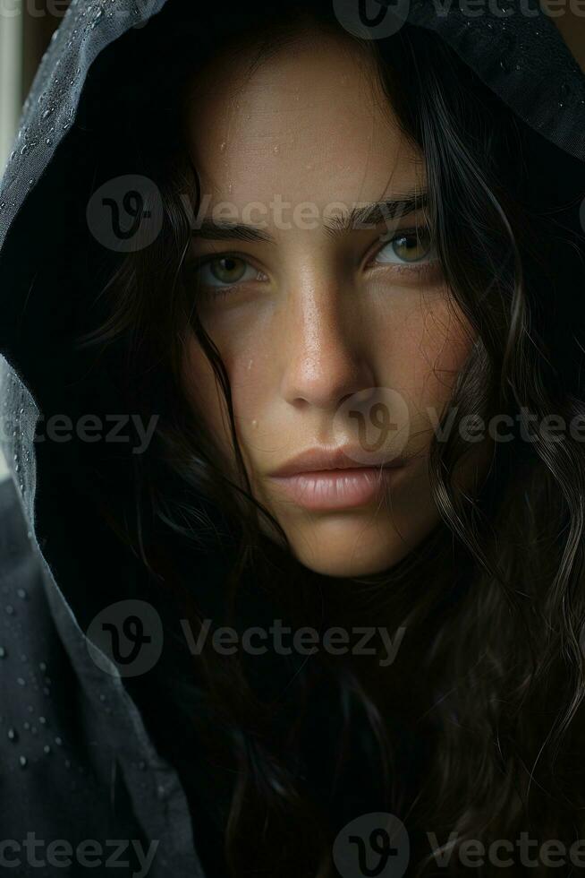 a woman in a hooded jacket looking at the camera generative ai photo