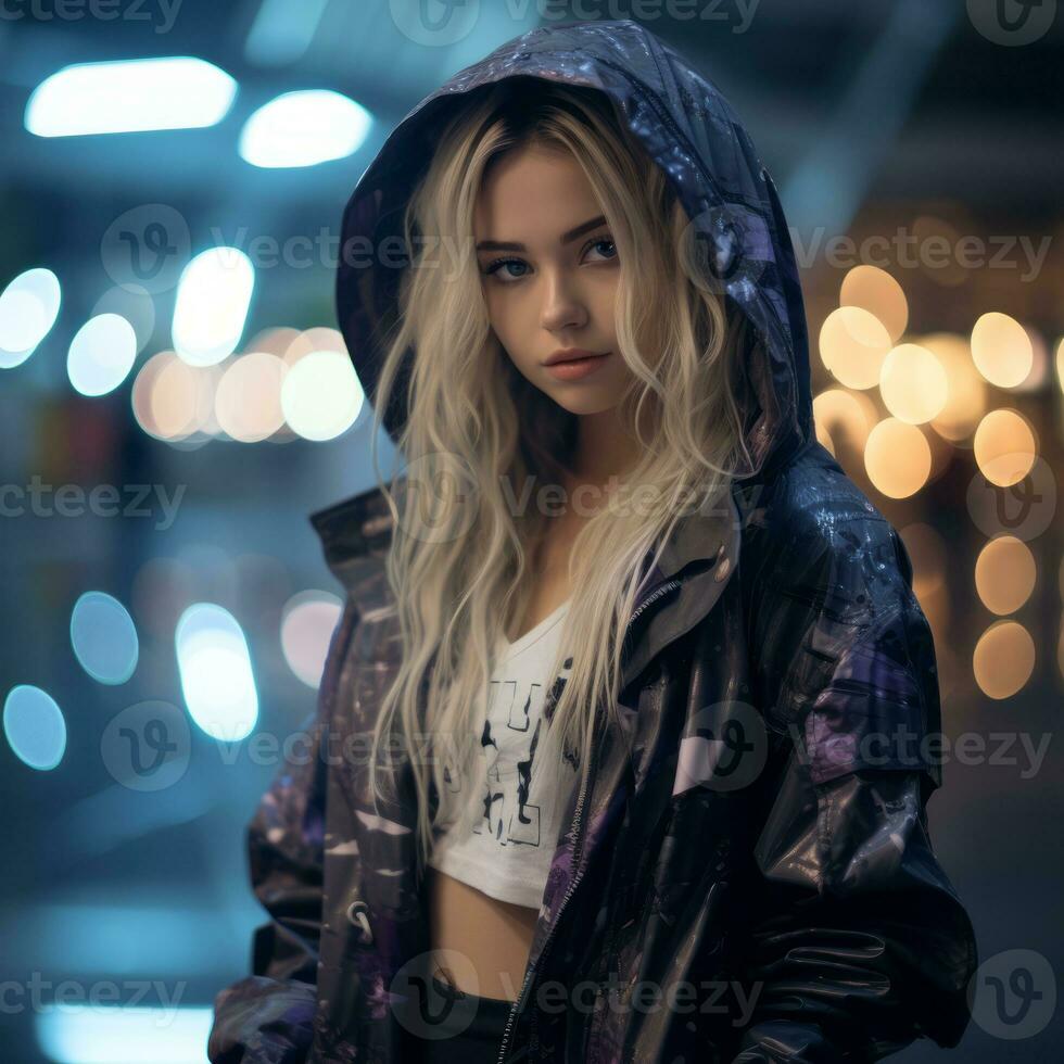 a woman in a hooded jacket standing in front of a city at night generative ai photo