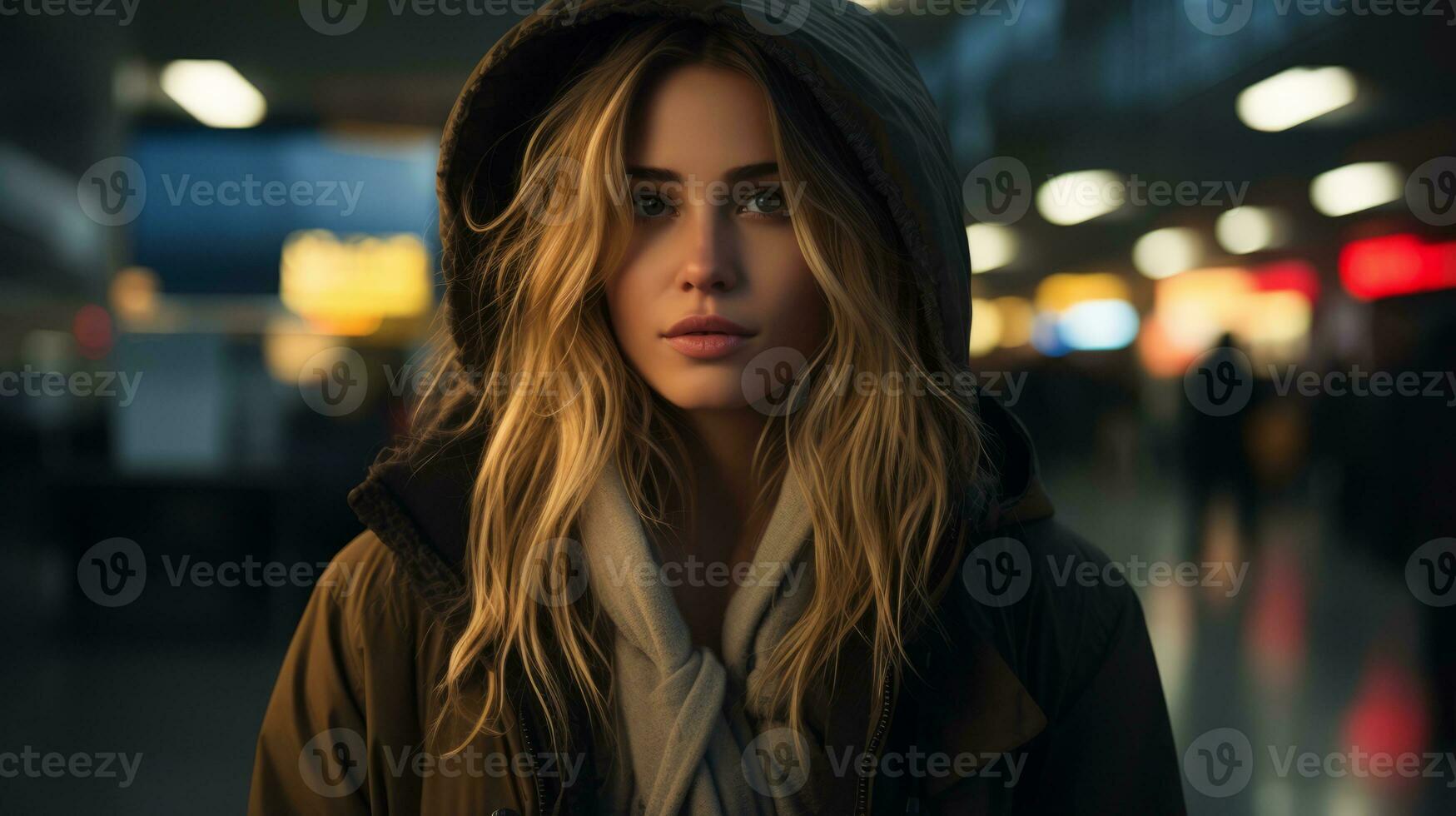 a woman in a hooded jacket standing in an airport generative ai photo