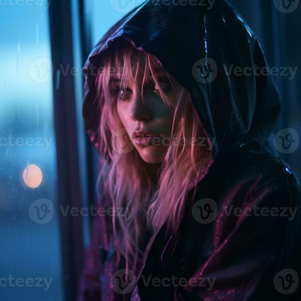 a woman in a hooded jacket standing in front of a window generative ai photo