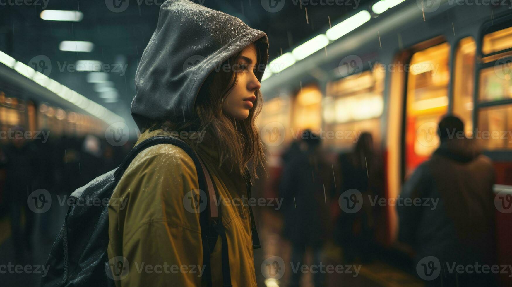 a woman in a hooded jacket standing in front of a subway train generative ai photo