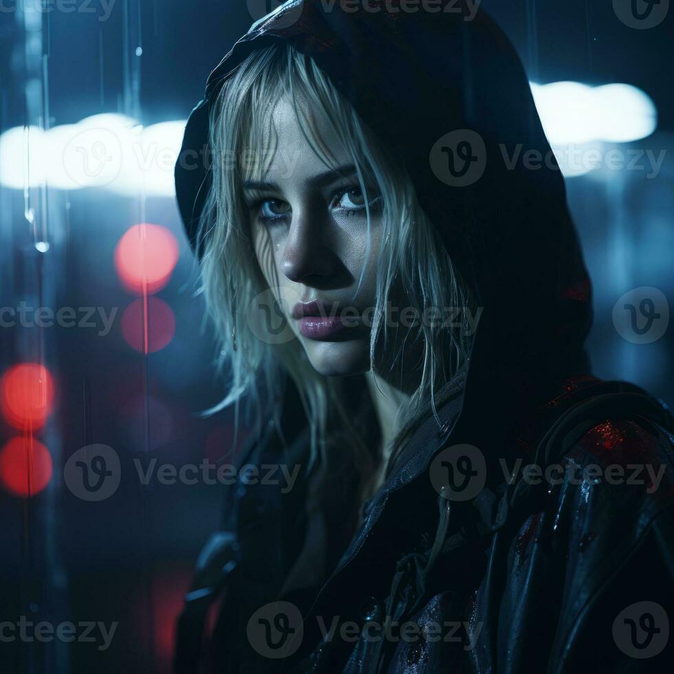 a woman in a hooded jacket standing in the rain generative ai photo