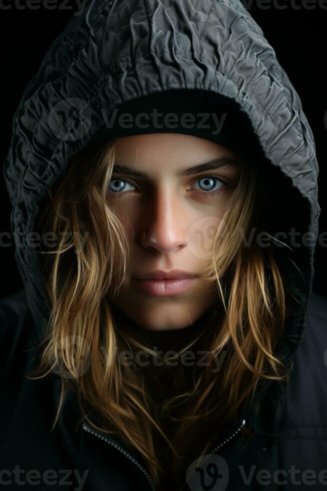 a woman in a hooded jacket with blue eyes generative ai photo