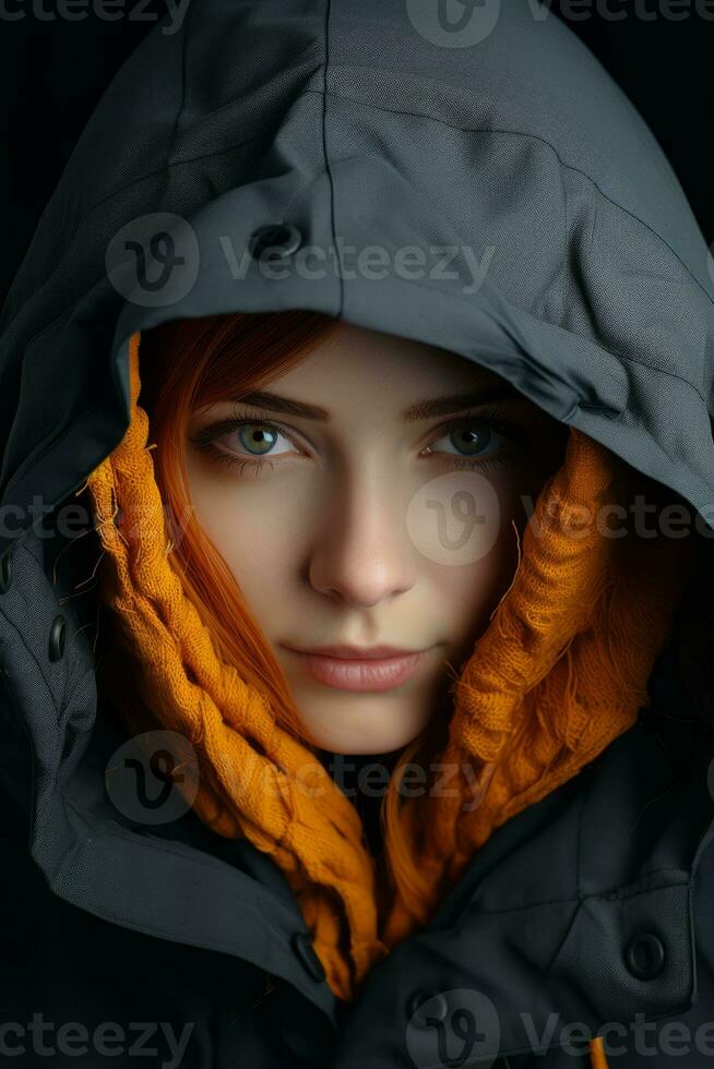 a woman in a hooded jacket with orange hair generative ai photo