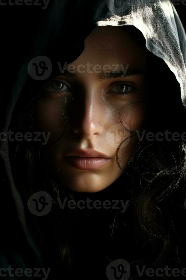 a woman in a hooded robe with dark hair generative ai photo