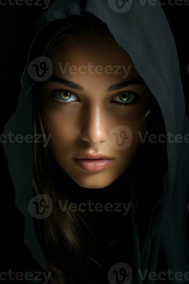 a woman in a hooded robe with green eyes generative ai photo