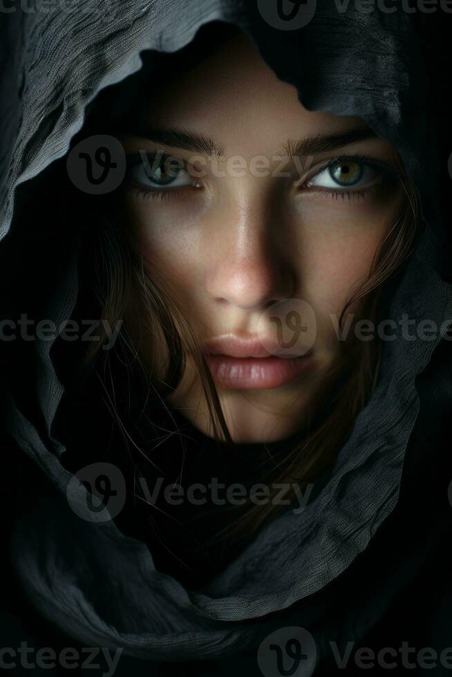 a woman in a hooded robe with green eyes generative ai photo