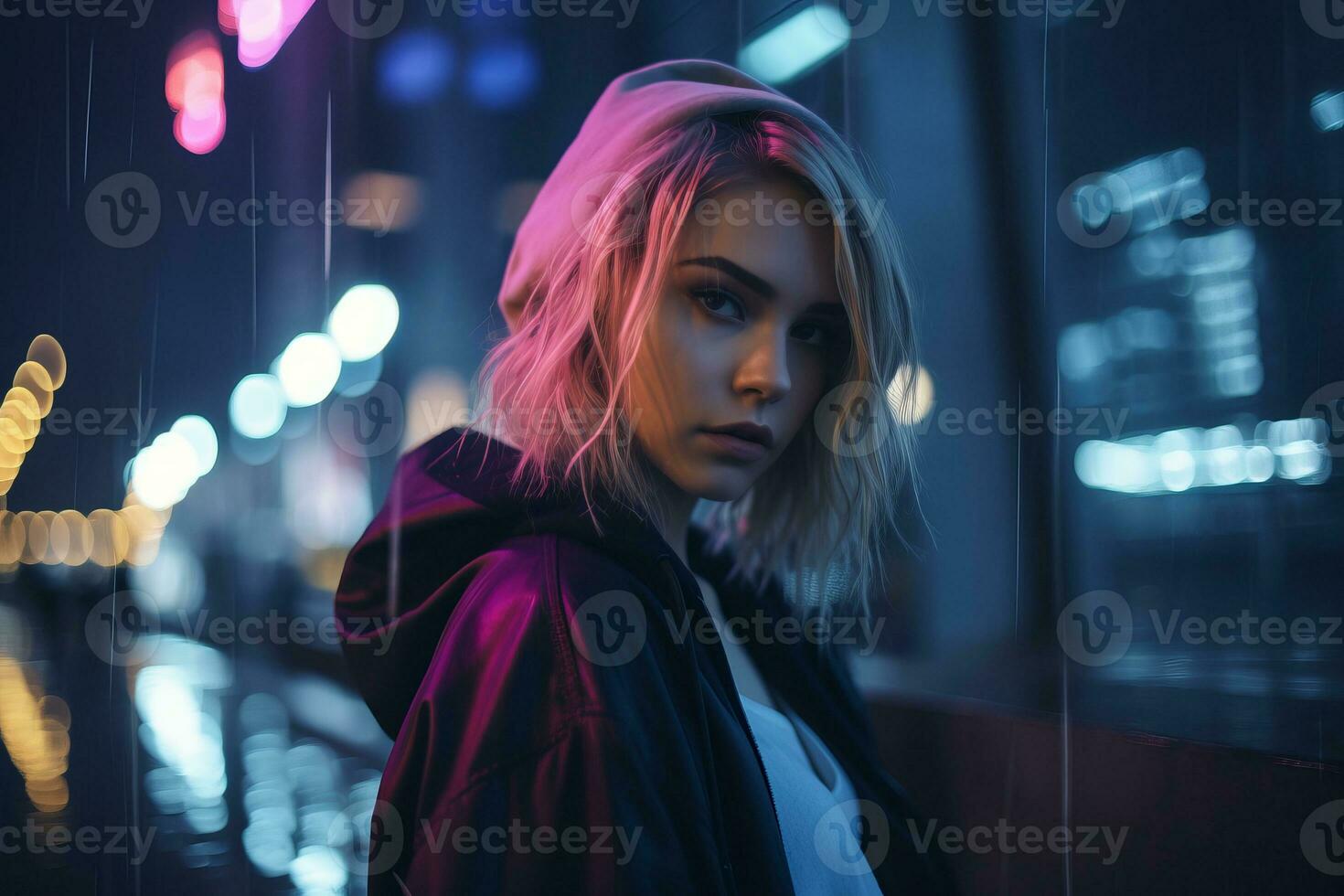 a woman in a hoodie and jacket standing in front of a city at night generative ai photo