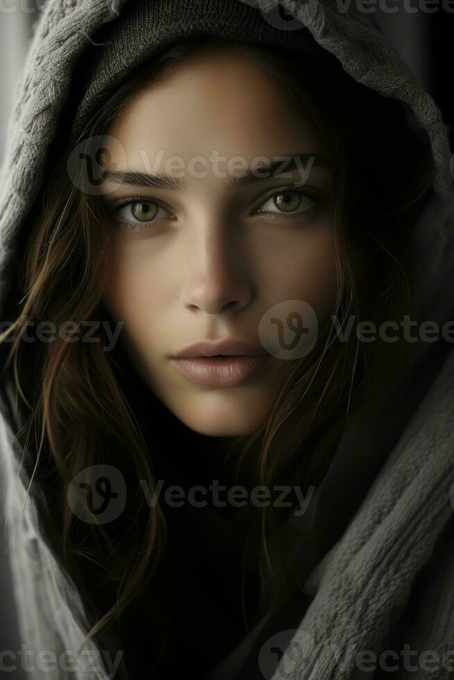 a woman in a hoodie is looking into the camera generative ai photo