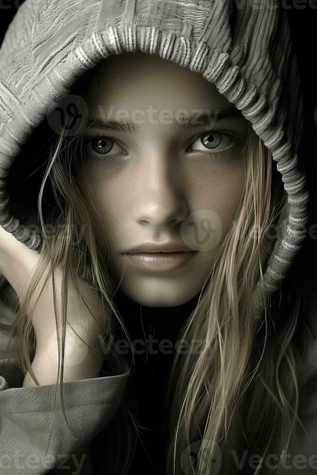 a woman in a hoodie is posing for the camera generative ai photo