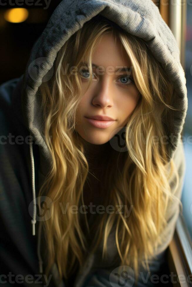 a woman in a hoodie looking out the window generative ai photo