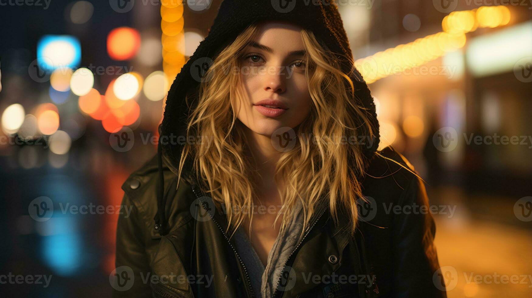 a woman in a hoodie on a city street at night generative ai photo
