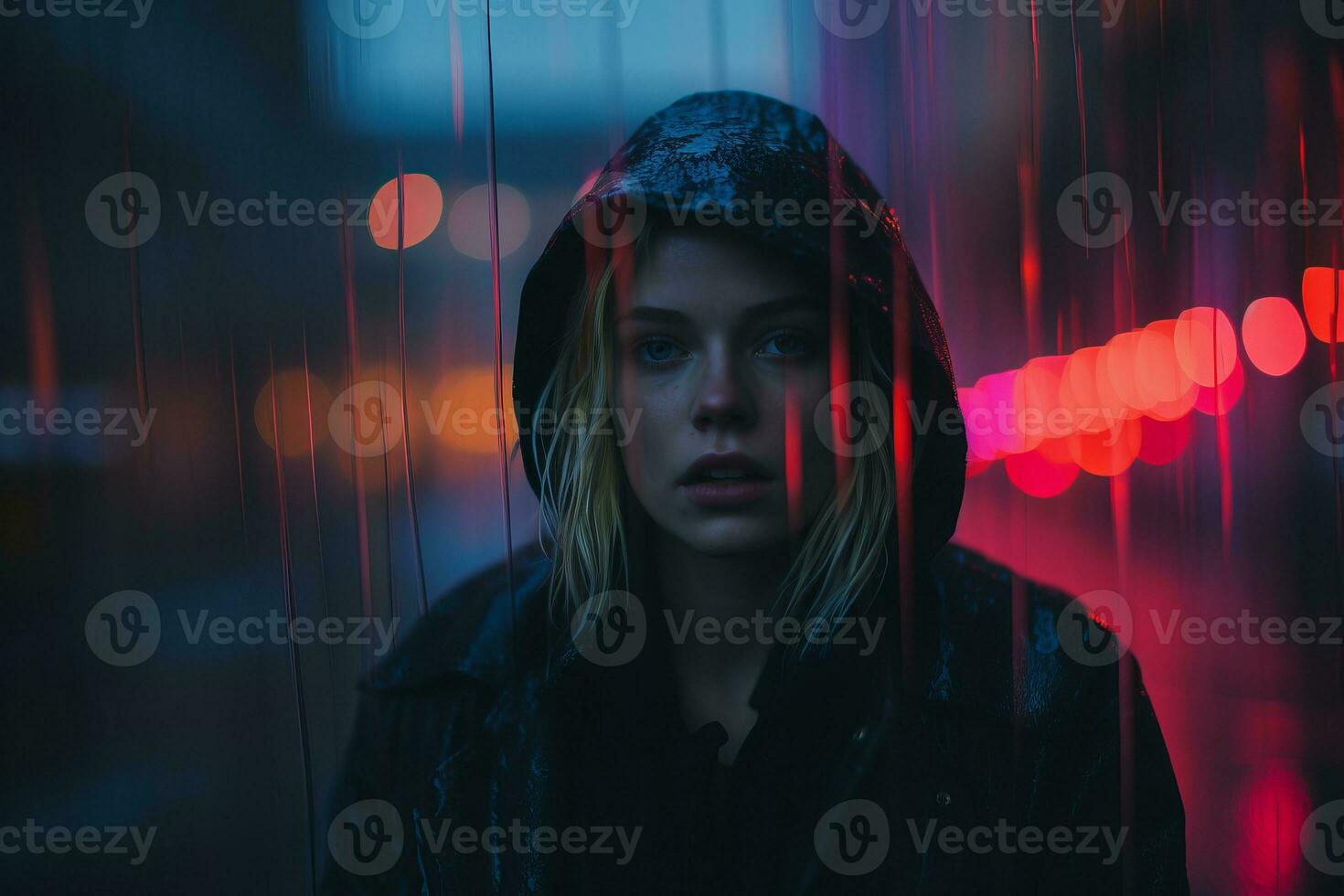 a woman in a hoodie is standing in the rain generative ai photo