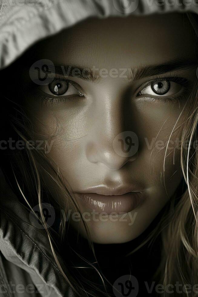 a woman in a hoodie is looking into the camera generative ai photo