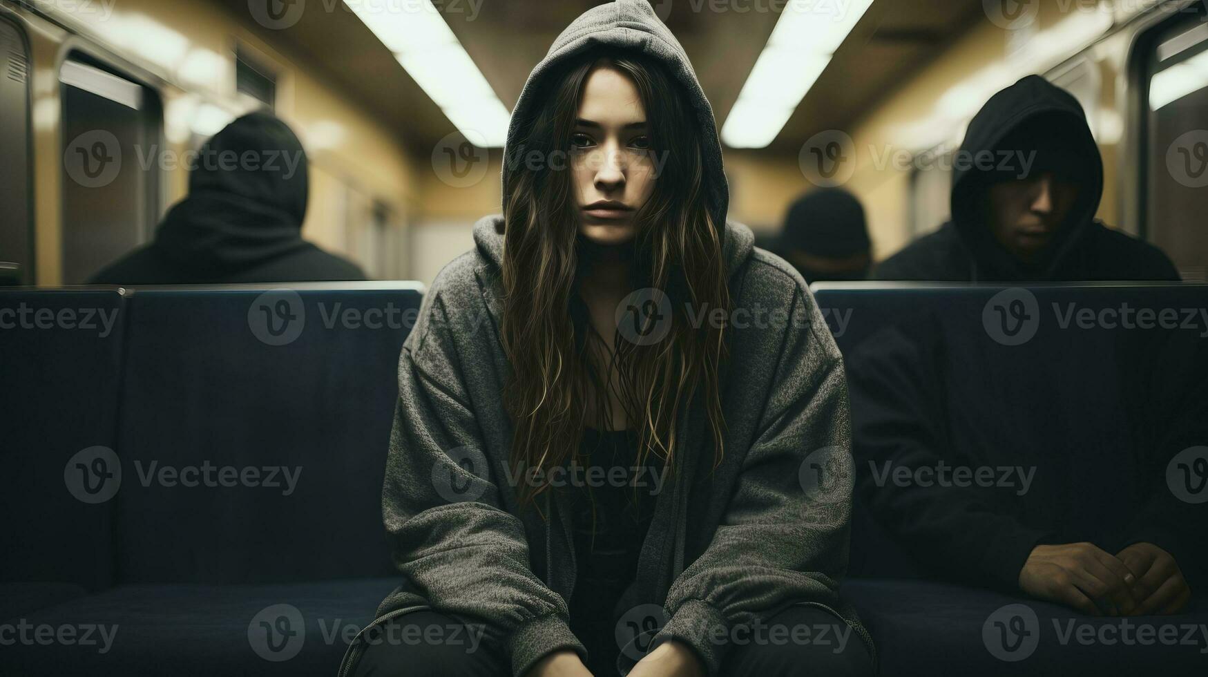 a woman in a hoodie sitting on a subway train generative ai photo