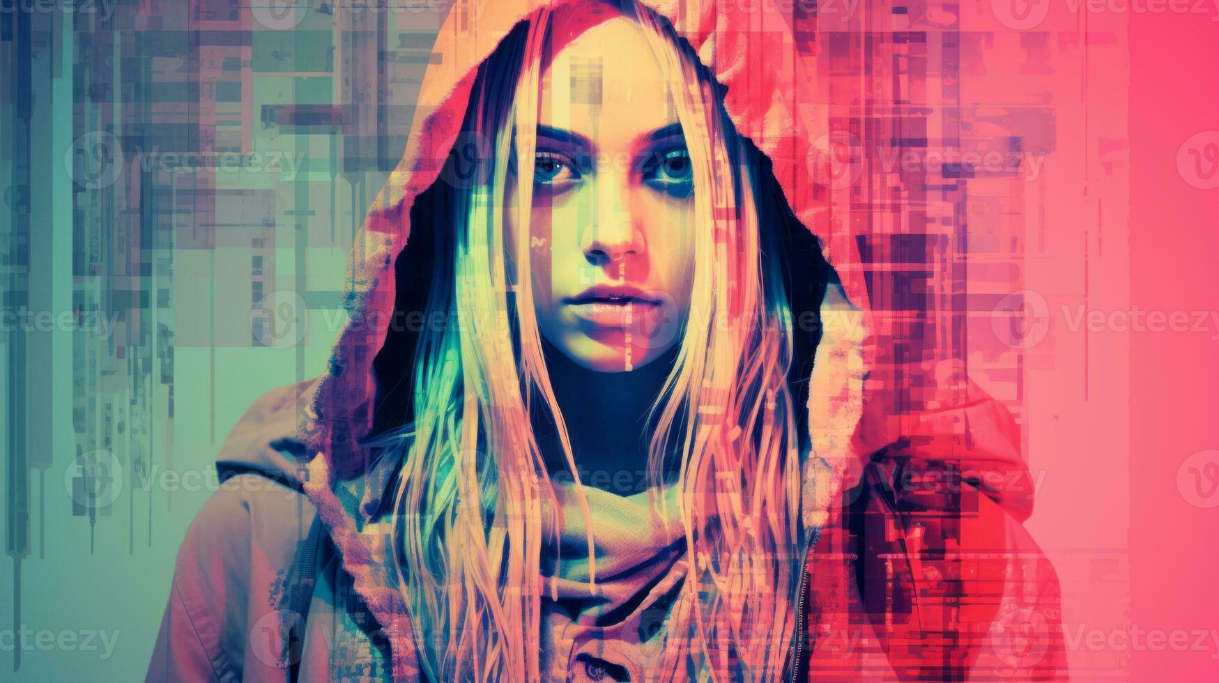 a woman in a hoodie is standing in front of a colorful background generative ai photo