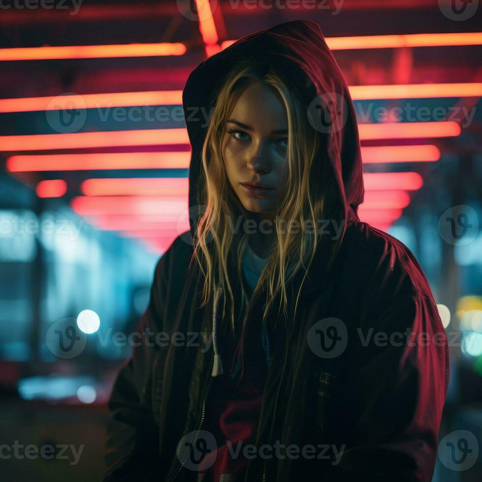 a woman in a hoodie standing in front of neon lights generative ai photo