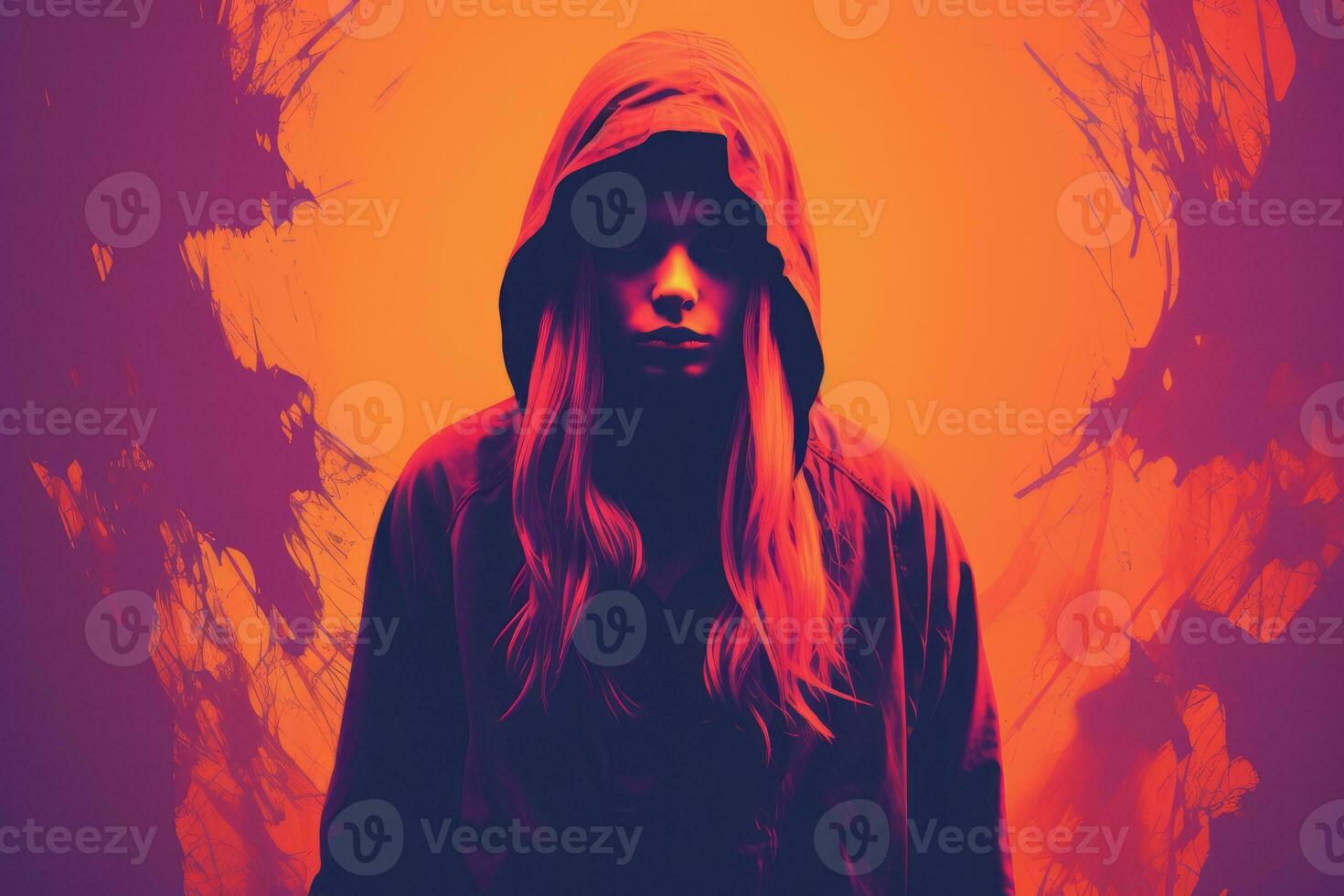 a woman in a hoodie standing in front of an orange and red background generative ai photo