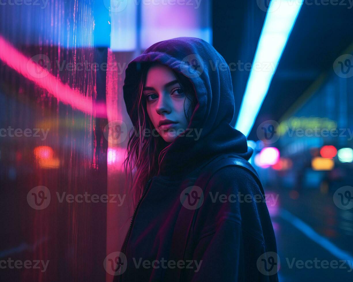 a woman in a hoodie standing in front of neon lights generative ai photo