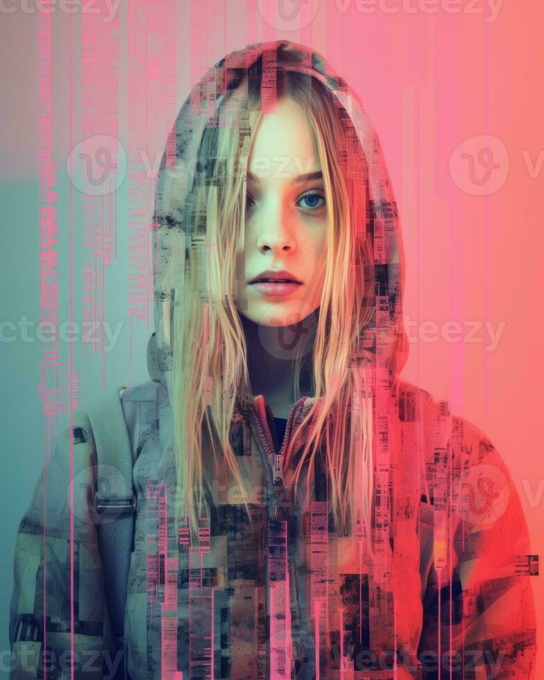 a woman in a hoodie standing in front of a computer screen generative ai photo