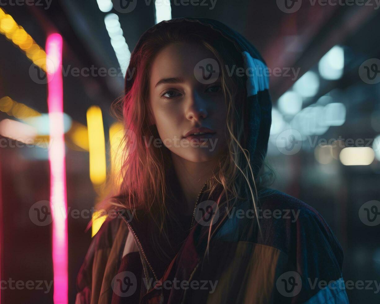 a woman in a hoodie standing in front of neon lights generative ai photo