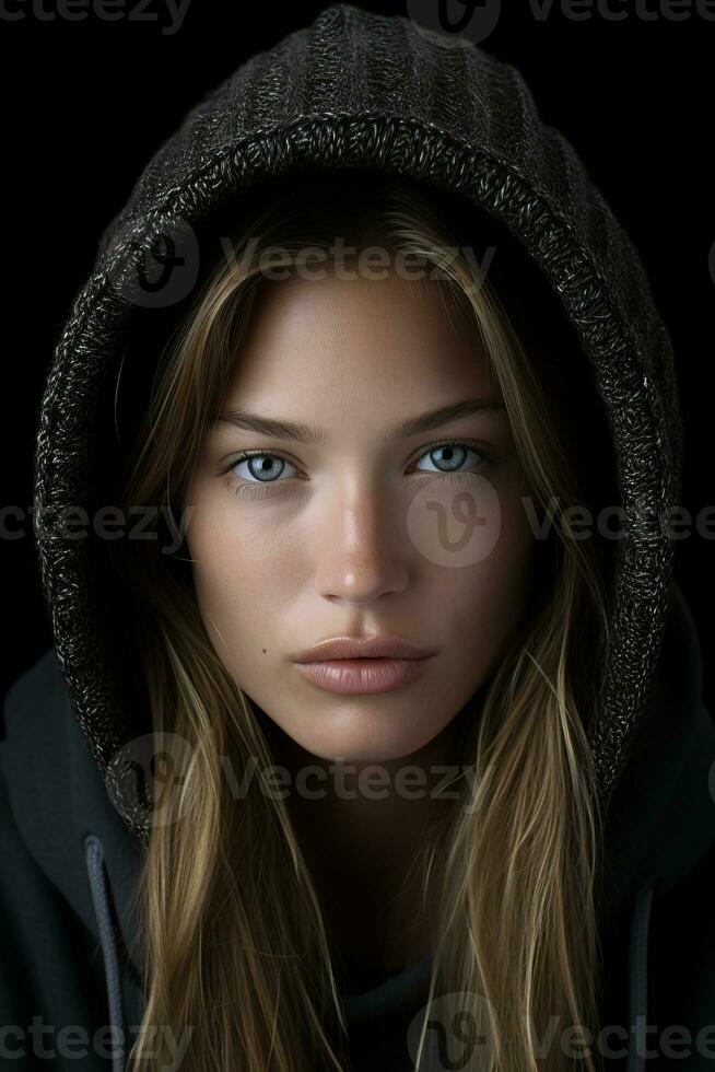 a woman in a hoodie with blue eyes generative ai photo