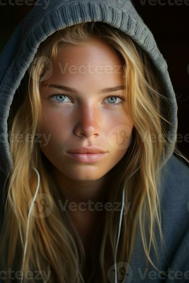 a woman in a hoodie with blue eyes generative ai photo
