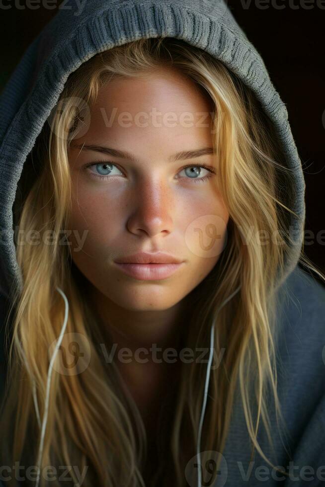 a woman in a hoodie with blue eyes generative ai photo