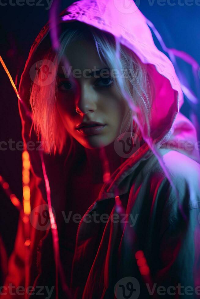 a woman in a hoodie with neon lights generative ai photo