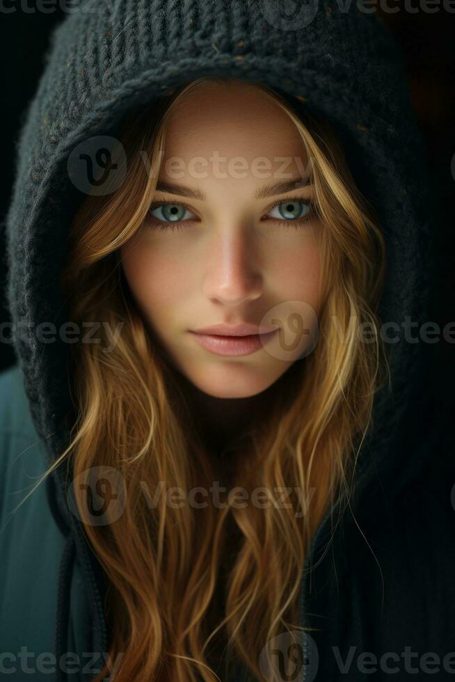 a woman in a hoodie with blue eyes generative ai photo