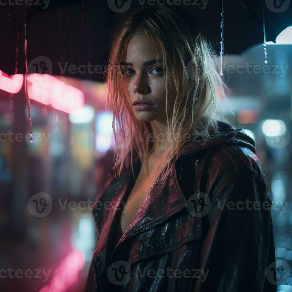 a woman in a leather jacket standing in the rain with an umbrella generative ai photo