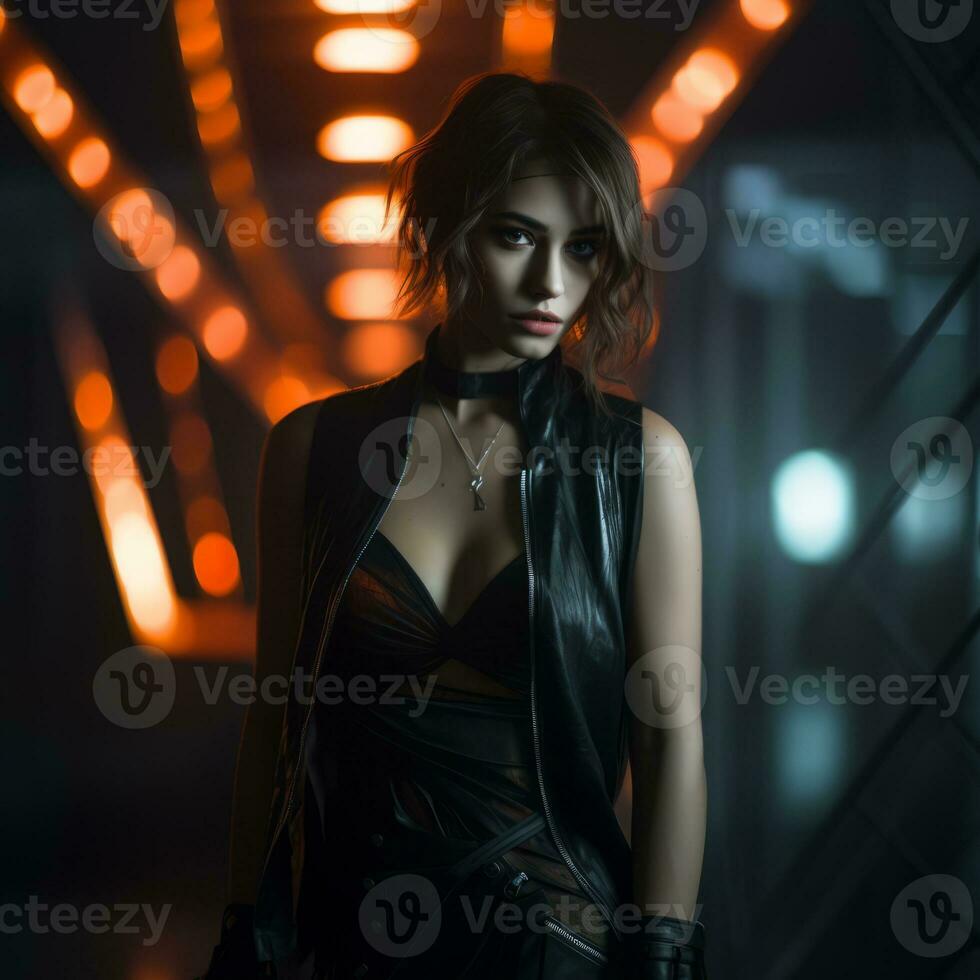 a woman in a leather outfit standing in a dark tunnel generative ai photo