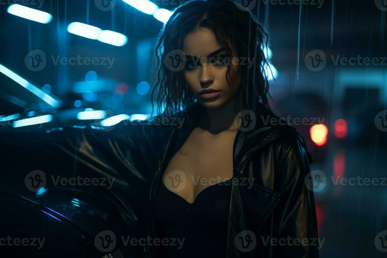a woman in a leather jacket standing next to a car in the rain generative ai photo