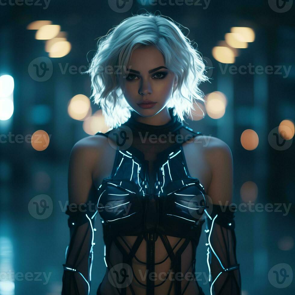 a woman in a neon outfit standing in a dark room generative ai photo
