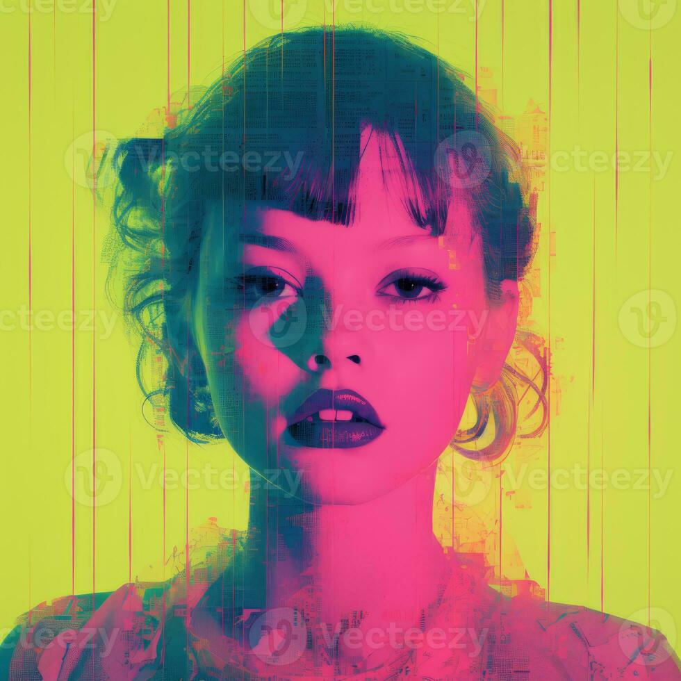 a woman in a pink dress with neon green background generative ai photo