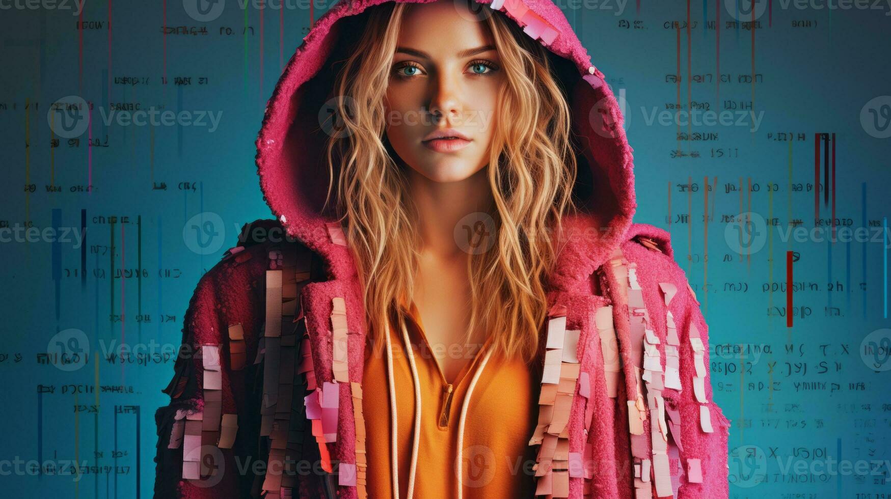 a woman in a pink hoodie standing in front of a computer screen generative ai photo