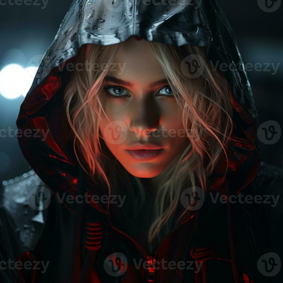 a woman in a rain jacket with red light behind her generative ai photo