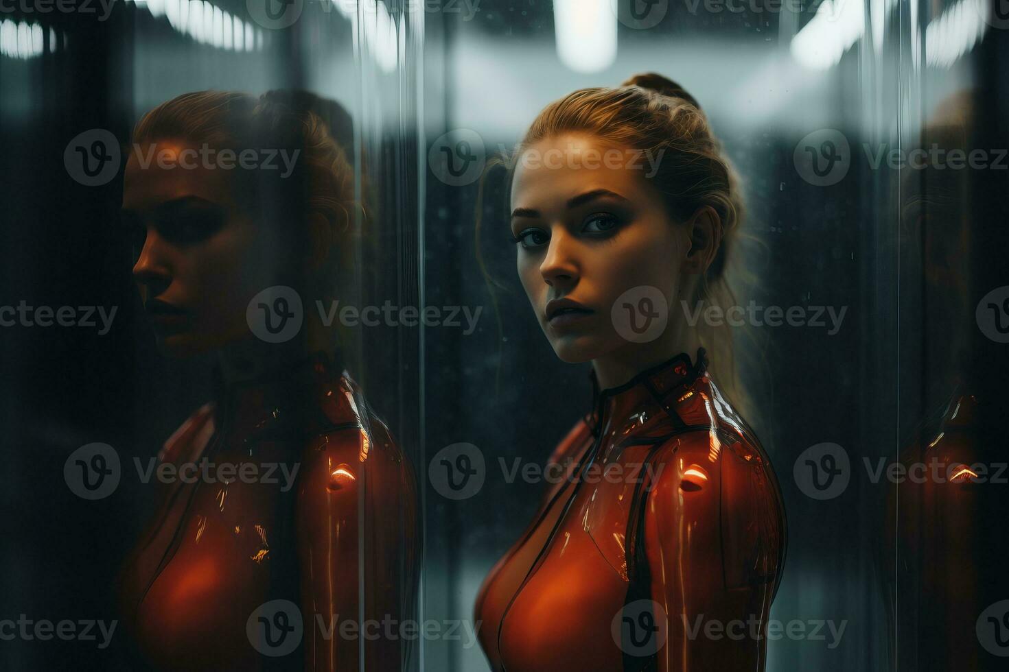 a woman in a red bodysuit standing in front of a mirror generative ai photo