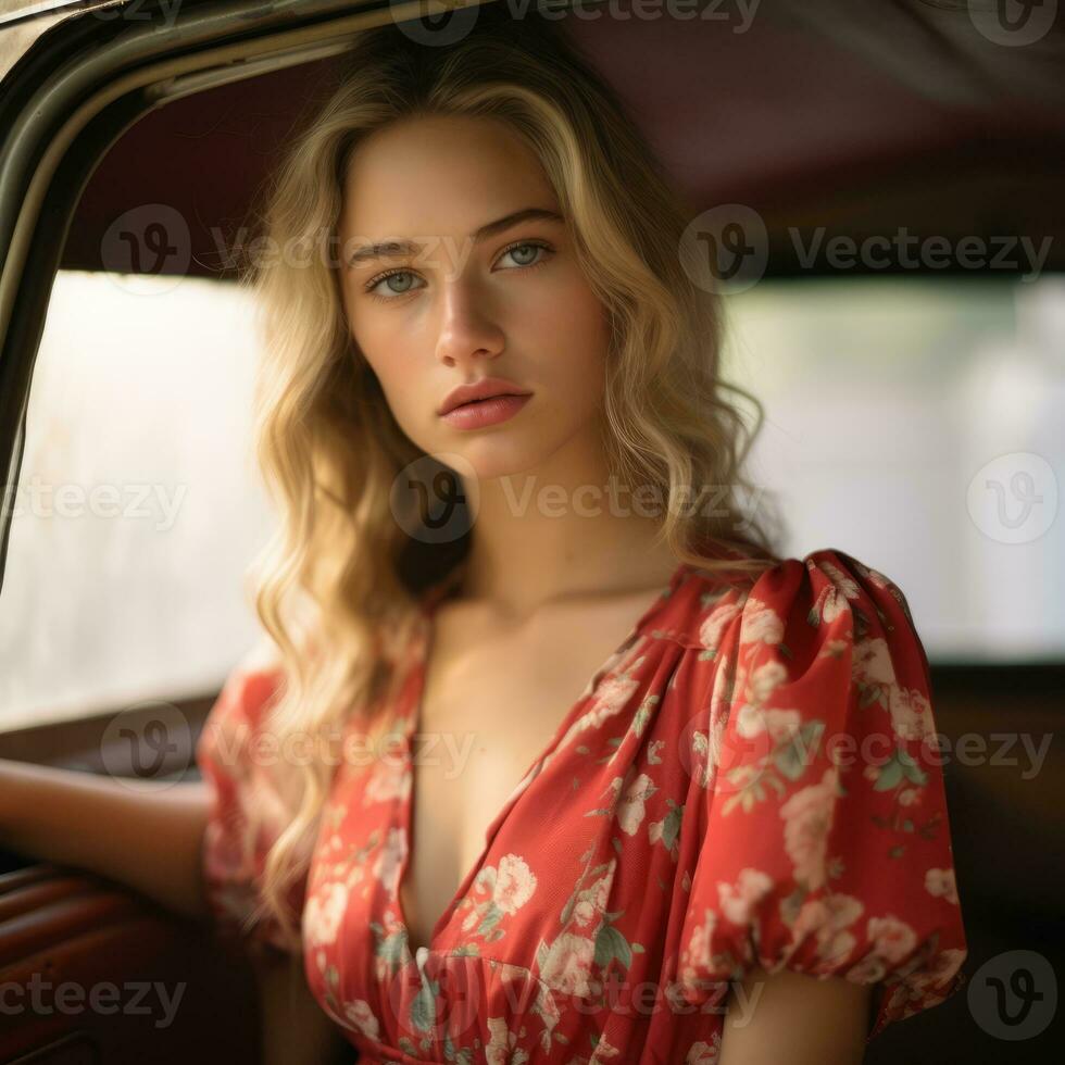 a woman in a red dress sitting in the back seat of a car generative ai photo
