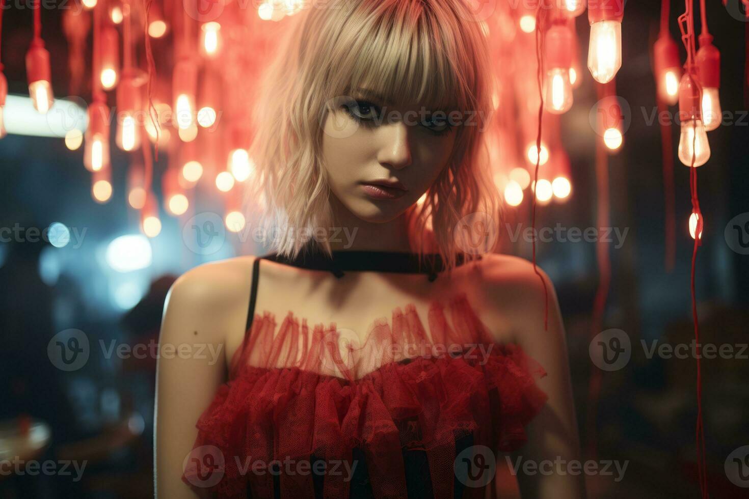 a woman in a red dress standing in front of red lights generative ai photo
