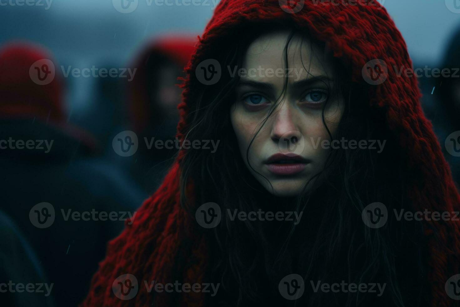 a woman in a red hooded coat standing in front of a group of people generative ai photo
