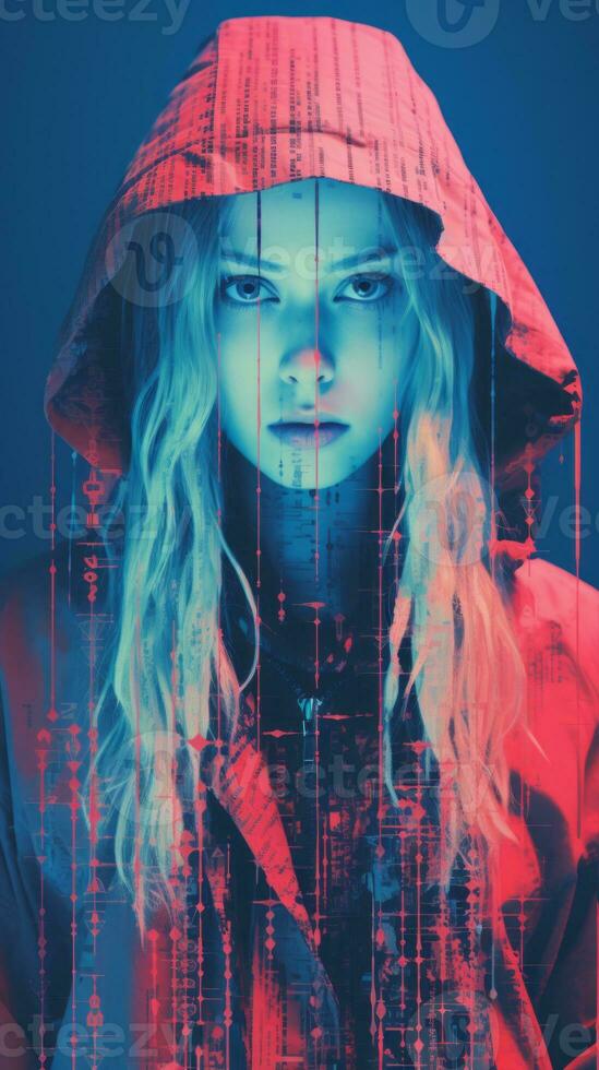 a woman in a red hoodie and blue background generative ai photo