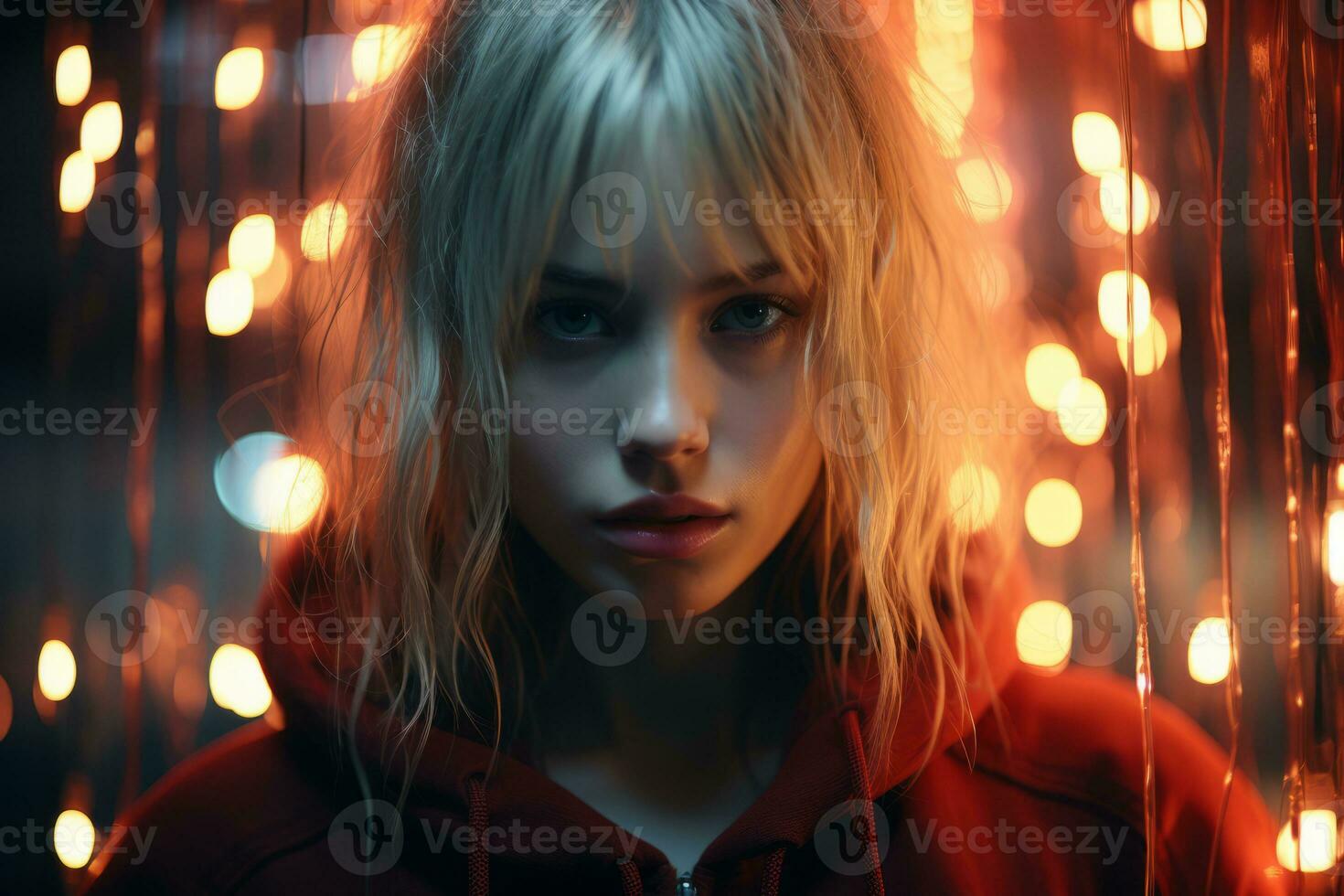 a woman in a red hoodie standing in front of lights generative ai photo