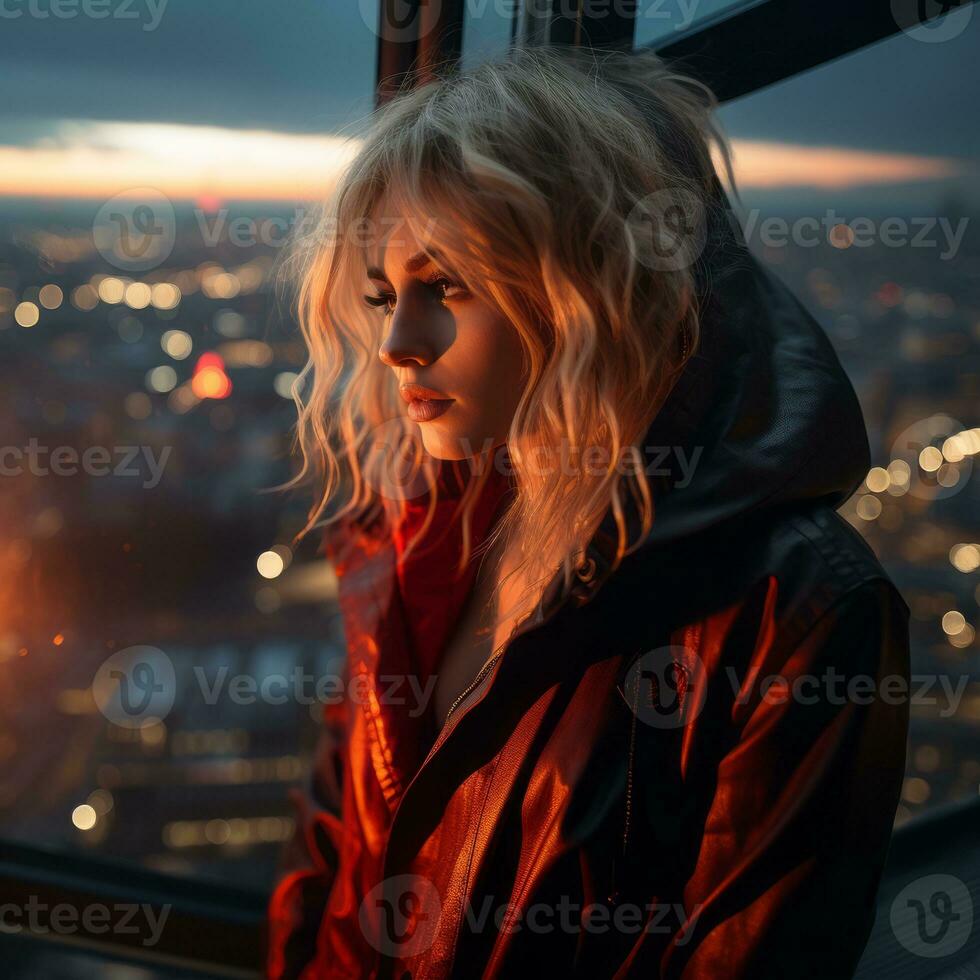 a woman in a red jacket looking out over a city at night generative ai photo
