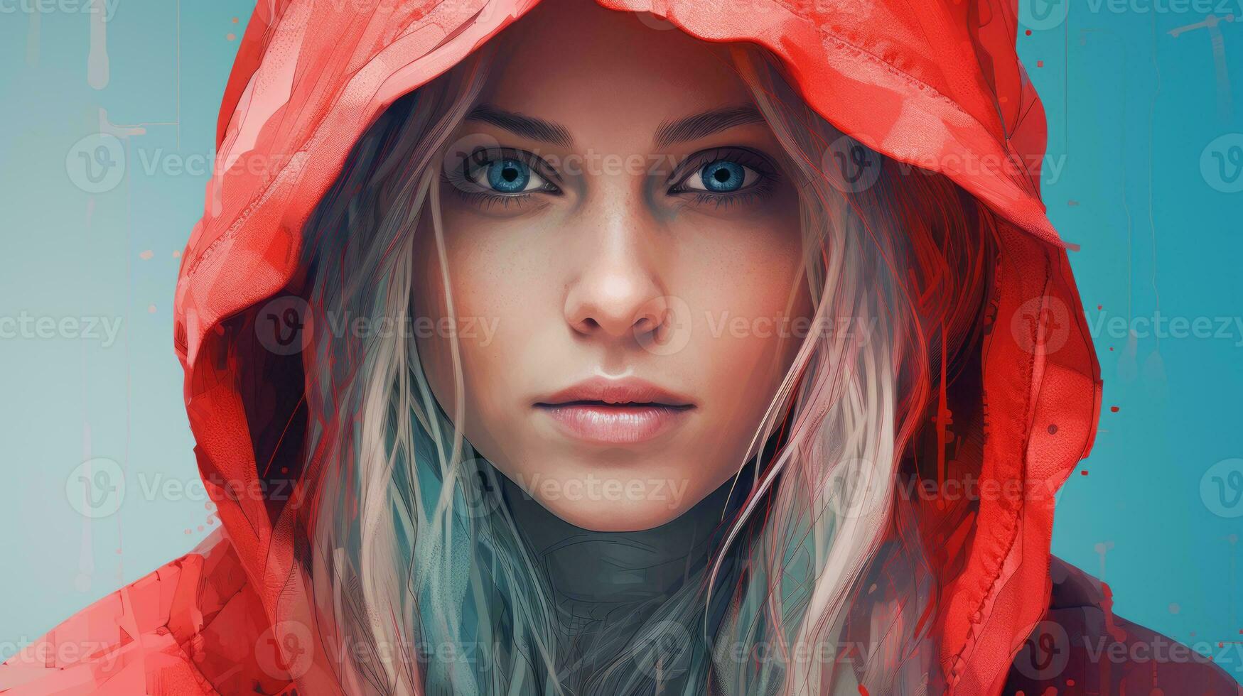 a woman in a red hoodie with blue eyes generative ai photo