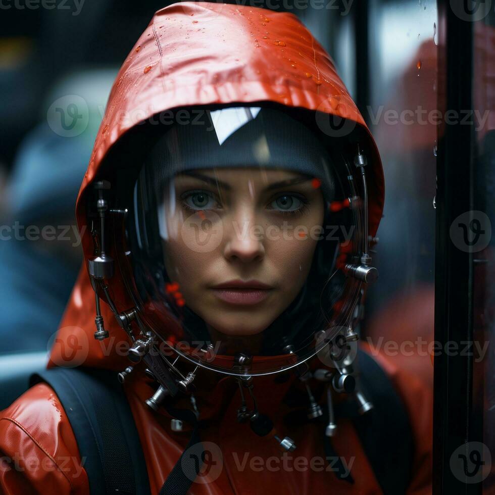 a woman in a red jacket and helmet on a bus generative ai photo