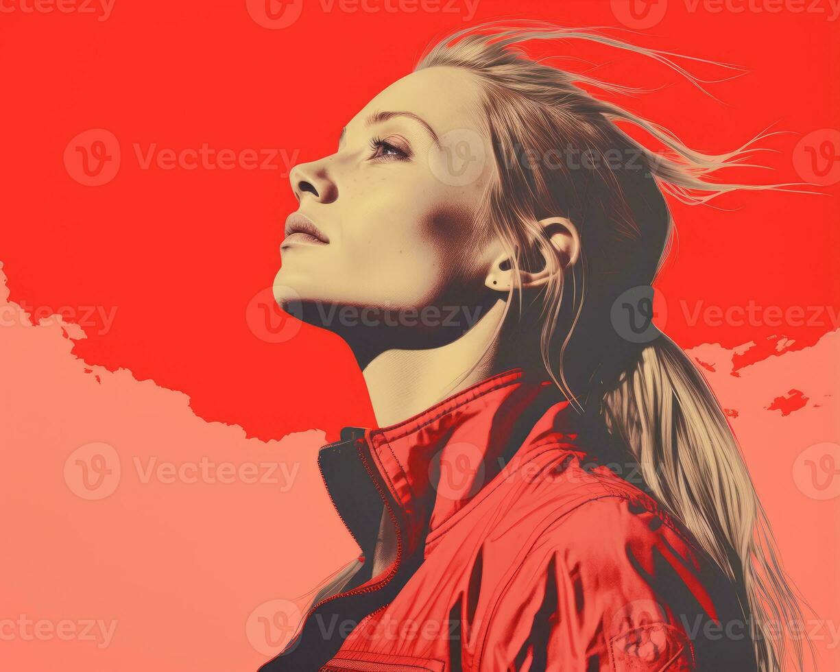a woman in a red jacket looking up at the sky generative ai photo
